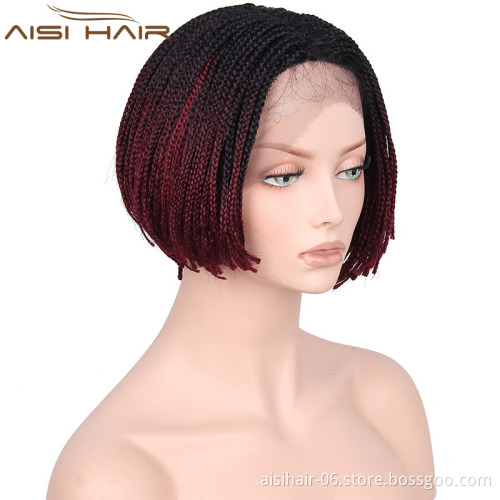 Synthetic Black Red Ombre Two Tone Color Lace Front Wigs Braid Box Hair Bob Style Wig Heat Resistant Glueless Lace Front Wig